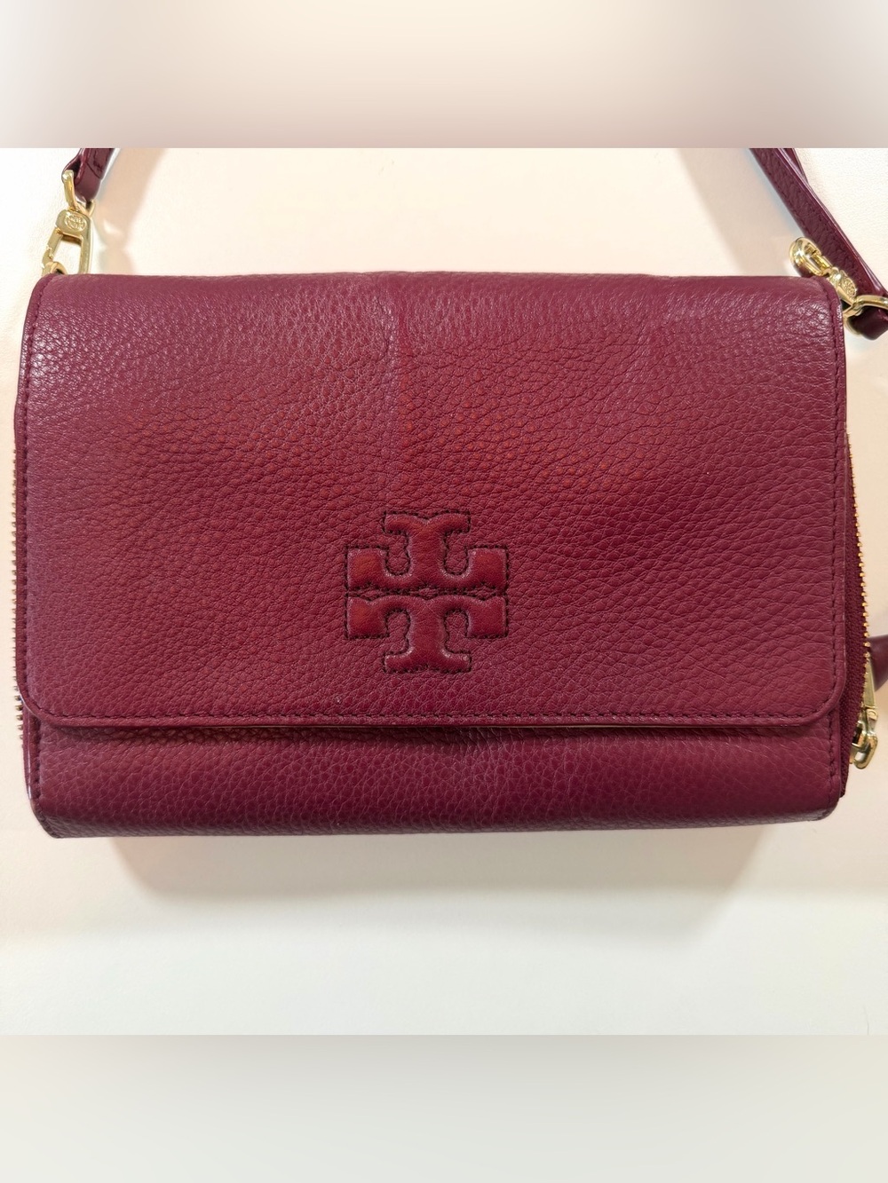 Tory Burch Burgundy Wine Pebbled Leather Foldover Crossbody Organizer Bag